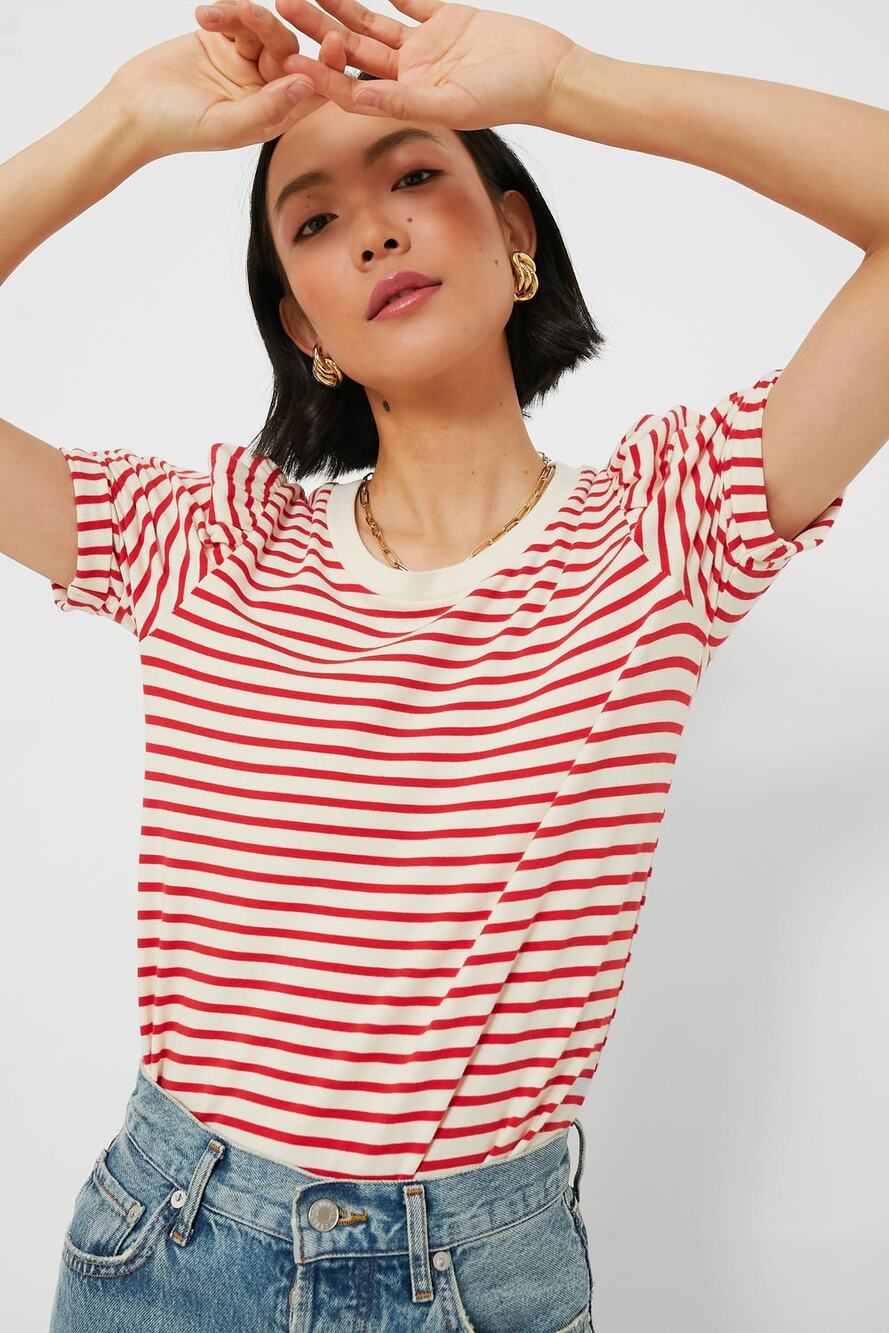 Pomander Place Tuckernuck Vesty Red Stripe Puff Sleeve Cotton Tee Top Size Large